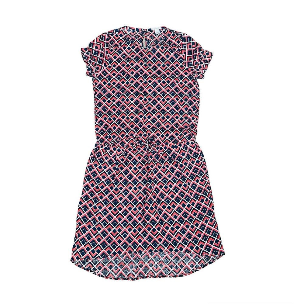 Caslon Womens XS Linen Dress Navy Coral High Low Cinch Tie Waist
